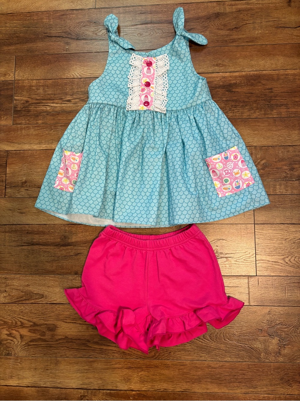Blue Tank Tunic and Pink Ruffle Shorts Set - Girls Size 6